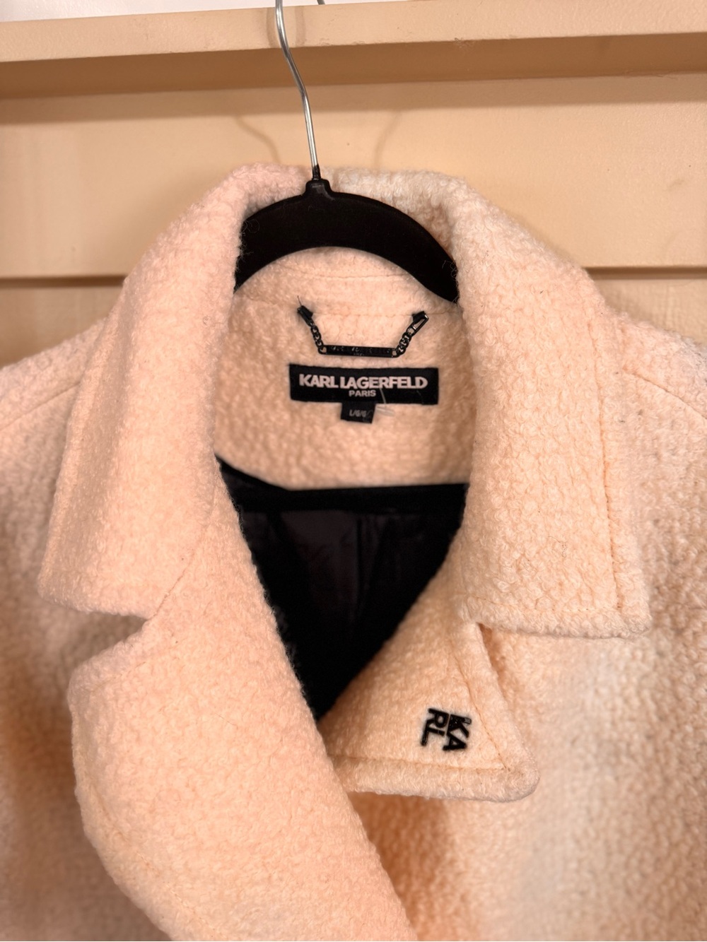Karl Lagerfeld Cream Double-Breasted Teddy Pea Coat - Picture 2 of 6